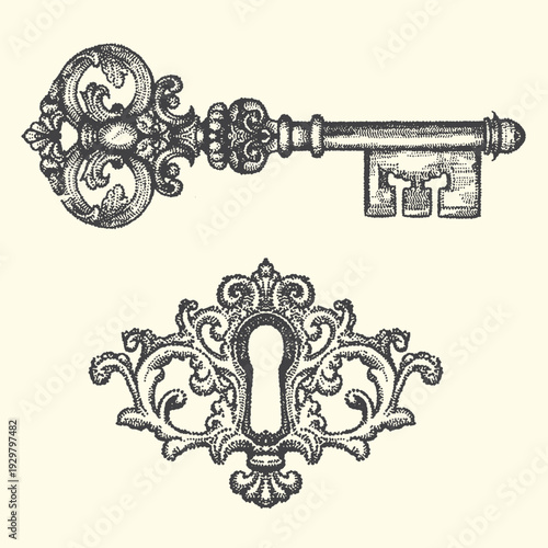 Antique key and decorative keyhole illustration, vintage design elements for invitations or security concepts
