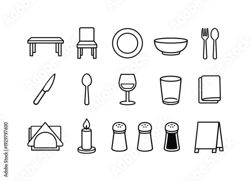 Restaurant table setting items: dining table, dining chair, plate, bowl, fork, knife, spoon, wine glass, water glass, napkin, napkin holder, candle