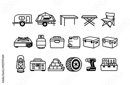 Camping trailer equipment: camper trailer, rooftop tent, awning, folding table, folding chair, portable stove, gas cylinder, cooler box, water tank
