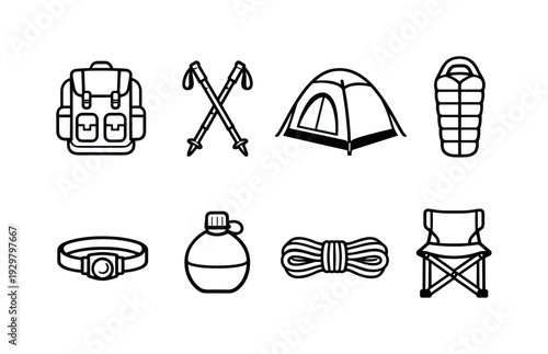 Camping forest trek essentials: backpack, trekking poles, camping tent, sleeping bag, headlamp, water canteen, rope coil, folding chair