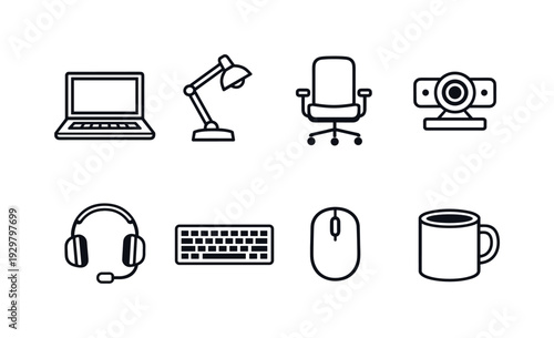 Office remote work setup: laptop, desk lamp, office chair, webcam, headset, keyboard, computer mouse, coffee mug