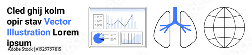 Graphical chart interface with data and pie graph, human lungs illustration, and globe outline. Ideal for healthcare, analytics, research, global collaboration, medical technology, biotech