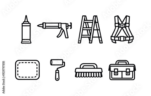 Car roof repair tools: sealant tube, caulking gun, ladder, safety harness, repair patch, roller tool, cleaning brush, tool bag