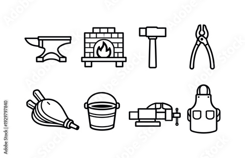 Blacksmith workshop tools: anvil, forge, hammer, tongs, bellows, metal bucket, vise, safety apron