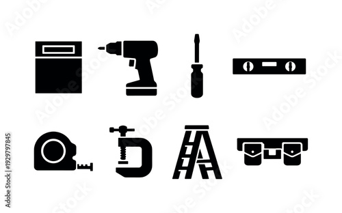 Home cabinet installation tools: cabinet panel, power drill, screwdriver, level, measuring tape, clamp, ladder, tool belt