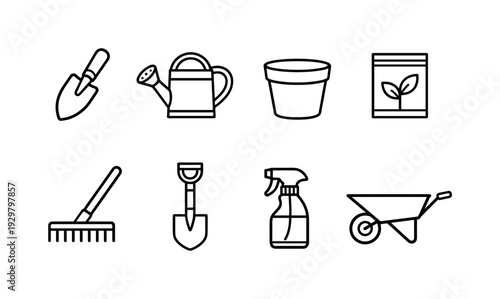 Garden flower planting tools: garden trowel, watering can, flower pot, seed packet, rake, shovel, spray bottle, wheelbarrow