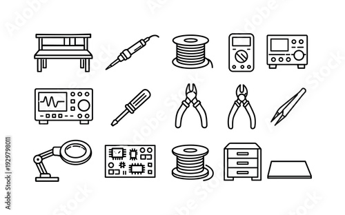 Electronics workshop bench: workbench, soldering iron, solder wire, multimeter, power supply, oscilloscope, screwdriver, pliers, wire cutter, tweezers