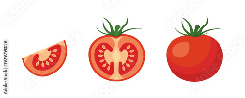 Whole ripe red tomato and half tomato in flat style. Vector illustration isolated on white background