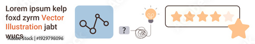 Data analysis, problem solving, quality review, customer feedback, innovation, evaluation. Network structure, question mark lightbulb and rating stars. Data analysis and problem solving concept