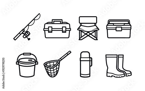 Camping fishing equipment: fishing rod, tackle box, folding chair, cooler, bait bucket, fishing net, thermos, rubber boots