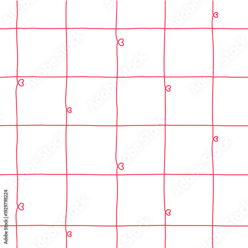 Line art hearts plaid seamless pattern for Valentine day, minimalist textile print, cute wrapping paper design, stripes with romantic symbols