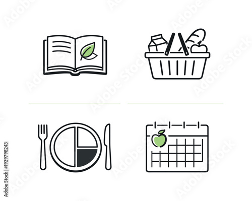 Healthy meal planning and grocery organization in everyday lifestyle management, highlighting recipe selection, shopping preparation, portion control