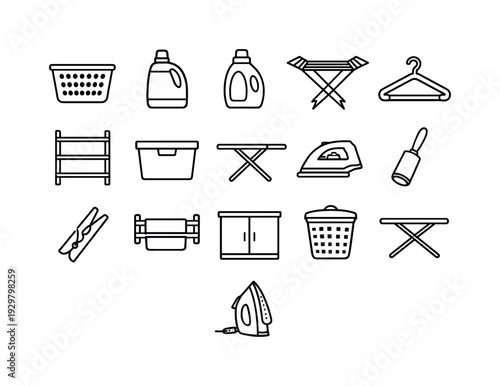 Home laundry storage items: laundry basket, detergent bottle, fabric softener bottle, drying rack, clothes hanger, shelf unit, storage bin, ironing