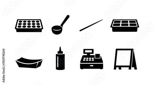 Takoyaki food cart equipment: takoyaki pan, batter ladle, skewer, ingredient tray, paper tray, sauce bottle, cash register, menu board