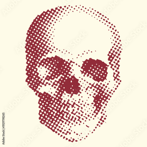 Stylized skull illustration created with red halftone dots, offering a modern, graphic interpretation of mortality with a vibrant, textured feel.
