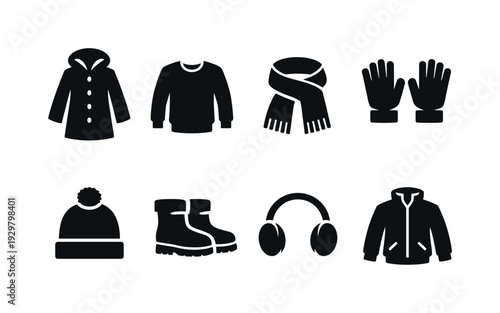 Winter clothing items: coat, sweater, scarf, gloves, beanie, boots, earmuffs, jacket