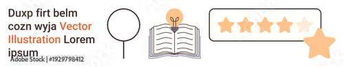 Education, feedback, communication, knowledge sharing, review systems, creativity. Open book with lightbulb, speech bubble and star rating icons. Education and feedback concept