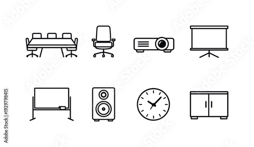 Office conference room furniture: conference table, office chair, projector, projection screen, whiteboard, speaker, wall clock, cabinet