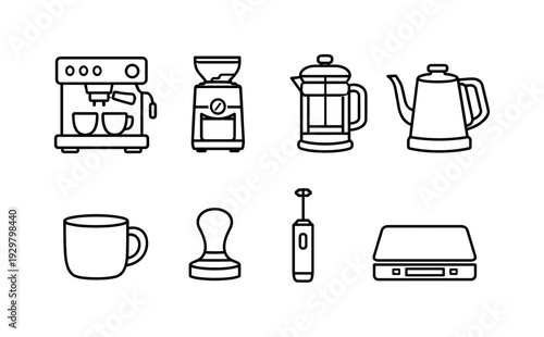Home coffee brewing tools: espresso machine, coffee grinder, french press, kettle, coffee mug, tamper, milk frother, coffee scale