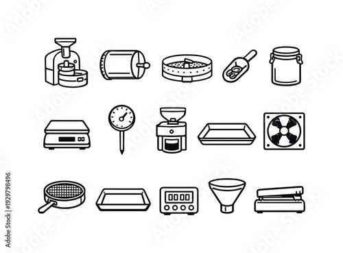 Coffee roasting tools: coffee roaster, roasting drum, cooling tray, coffee bean scoop, storage jar, scale, thermometer, grinder, roasting tray