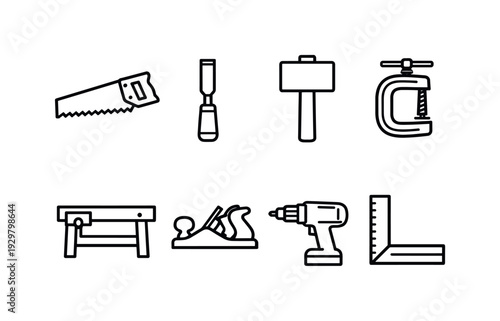 Carpentry tools: handsaw, chisel, mallet, clamp, workbench, wood plane, drill, measuring square