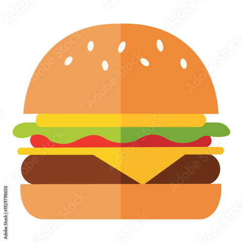 Flat design illustration of a classic cheeseburger with sesame seed bun