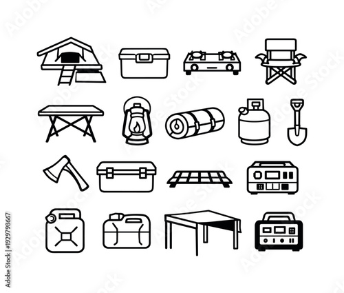 Car camping accessories: rooftop tent, cooler box, camping stove, gas canister, folding chair, folding table, lantern, sleeping bag, water canister