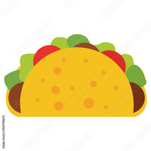 Stylized illustration of a classic taco with lettuce, tomato, and ground beef filling
