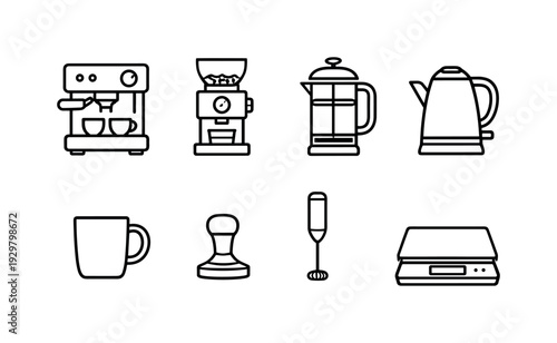 Home coffee and tea corner: espresso machine, coffee grinder, French press, kettle, coffee mug, tamper, milk frother, coffee scale