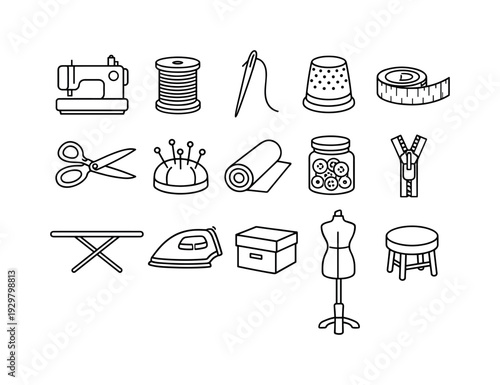 Home sewing corner items: sewing machine, thread spool, needle, thimble, measuring tape, scissors, pin cushion, fabric roll, button jar, zipper
