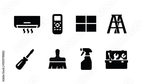 Home air conditioning tools: air conditioner unit, remote control, air filter, ladder, screwdriver, cleaning brush, spray bottle, tool kit