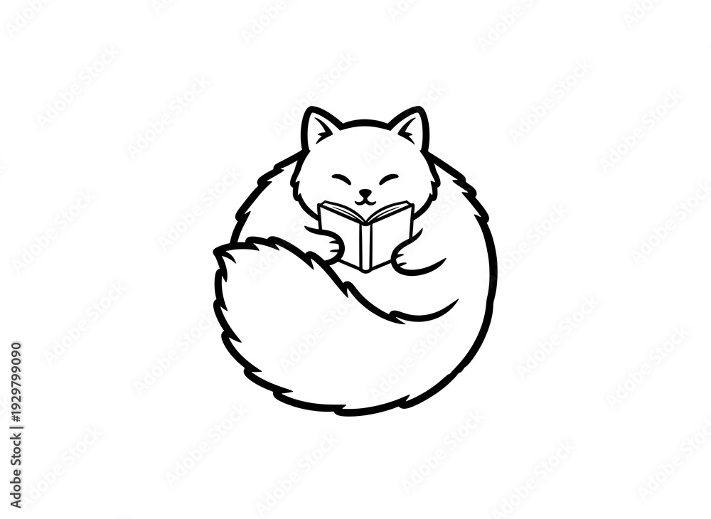 Obraz premium Fluffy cat reading book cartoon character outline illustration for library and education