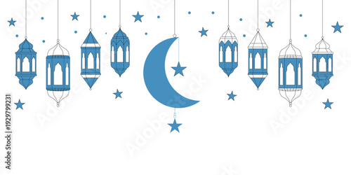 Islamic ornaments and Crescent moon for  Ramadan Kareem and Eid Mubarak Blue Lanterns and Moon with Stars Vector Illustration