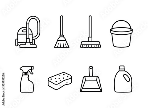 Home cleaning supplies: vacuum cleaner, broom, mop, bucket, spray bottle, sponge, dustpan, detergent bottle