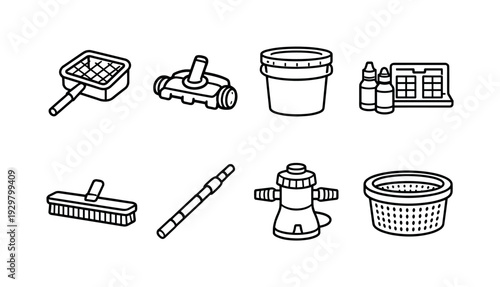 Pool maintenance tools: pool net, pool vacuum, chlorine bucket, testing kit, pool brush, telescopic pole, filter pump, skimmer basket
