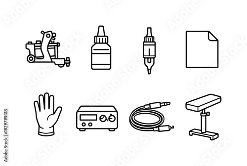 Tattoo studio tools: tattoo machine, ink bottle, needle cartridge, stencil paper, disposable glove, power supply, clip cord, armrest