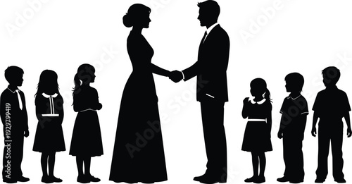Large blended family black silhouette showing happy parents holding hands in the center surrounded by six beautiful children standing together.