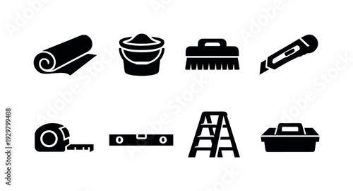 Home wallpaper installation tools: wallpaper roll, paste bucket, smoothing brush, utility knife, measuring tape, level, step ladder, tool tray