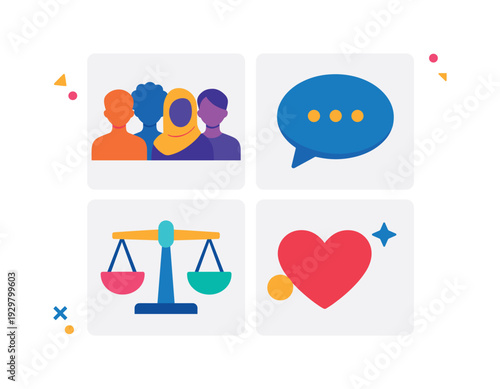 Workplace diversity and inclusion initiative organized into four supportive cultural elements strengthening organizational equity, showing a group of