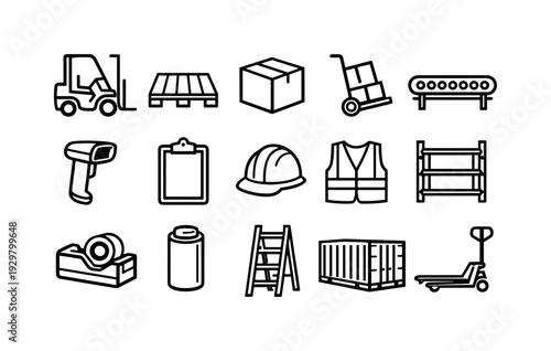 Warehouse logistics items: forklift, pallet, cardboard box, hand truck, conveyor belt, barcode scanner, clipboard, hard hat, safety vest, storage rack