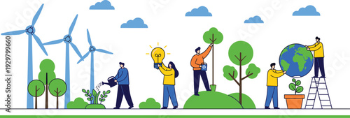 Colorful flat vector illustration of tiny people engaged in eco friendly activities planting trees saving energy and protecting the earth environment