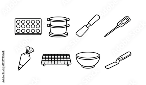 Chocolate making tools: chocolate mold, double boiler, spatula, thermometer, piping bag, cooling rack, mixing bowl, offset spatula