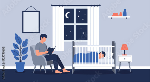 Cozy home bedroom interior illustration of a caring dad reading a storybook near his adorable sleeping infant in a baby crib