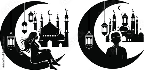 Black silhouette illustrations of a Muslim woman and boy sitting inside large crescent moons with beautiful Islamic mosque and lanterns