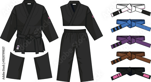 Flat vector illustration showing a black martial arts karate or jiu jitsu uniform gi with different colored ranking belts