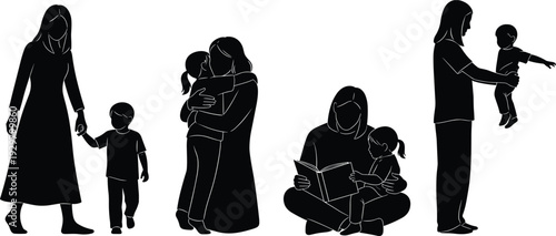 Set of black silhouette illustrations showing heartwarming family moments of a loving mother walking hugging playing and reading with child