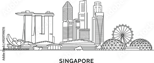 Minimalist black and white continuous line drawing illustration of the famous Singapore city skyline architecture featuring iconic landmark buildings