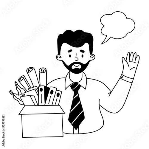 New Employee Starting Job or Fired Office Worker Leaving with Box for Career Change and Recruitment. Outline Doodle hand-drawn. Vector illustration