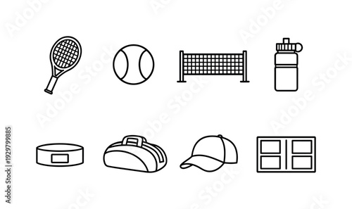 Tennis equipment: tennis racket, tennis ball, net, water bottle, wristband, tennis bag, cap, scoreboard