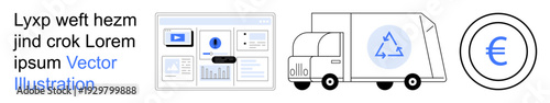 Digital transformation, eco-business, logistics, payment system, financial operations, app interface. A screen layout, a recycle symbol on delivery truck euro currency icon. Digital transformation